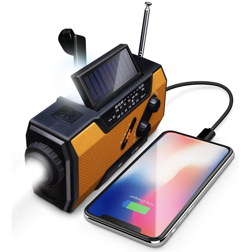 Emergency Solar Hand Crank Portable Radio with NOAA AM/FM LED Flashlight Reading Lamp 2000mAh Power Bank USB Charger SOS Alarm