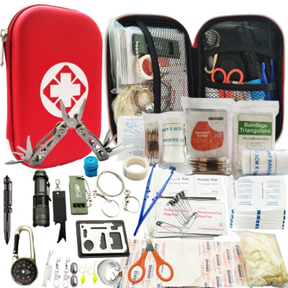 Emergency Survival Kit 80 in 1 Outdoor Survival Tool with Survival Bracelet Whistle Wood Cutter Water Bottle Clip Tactical Pen