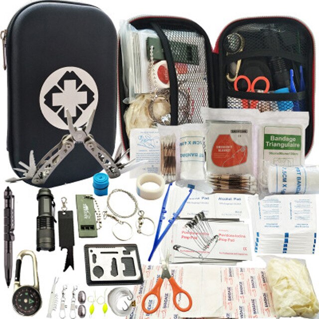 Emergency Survival Kit 80 in 1 Outdoor Survival Tool with Survival Bracelet Whistle Wood Cutter Water Bottle Clip Tactical Pen