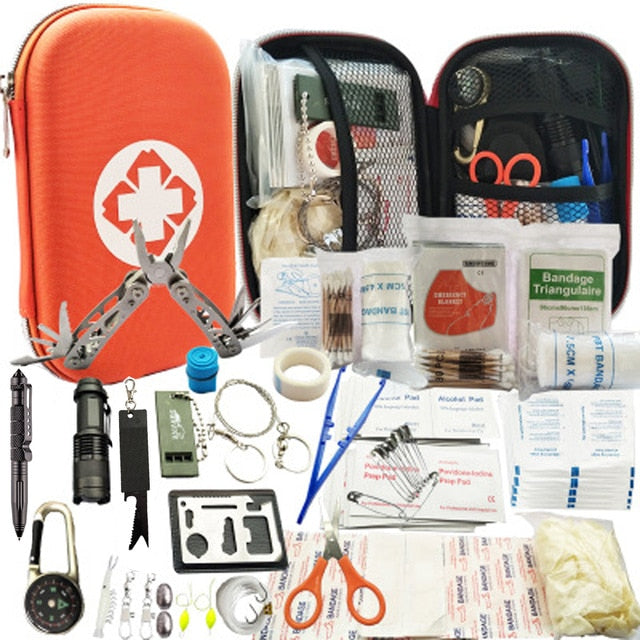 Emergency Survival Kit 80 in 1 Outdoor Survival Tool with Survival Bracelet Whistle Wood Cutter Water Bottle Clip Tactical Pen
