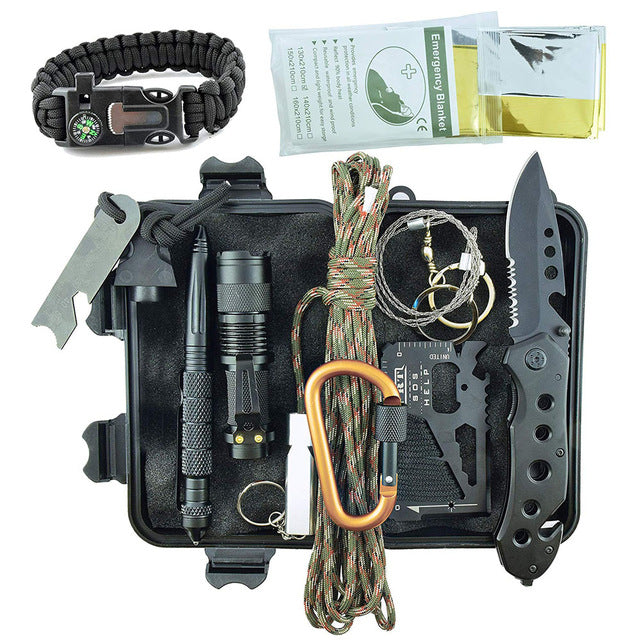 Emergency survival kit survival first aid kit SOS tactical tool flashlight with Molle bag suitable for camping adventure