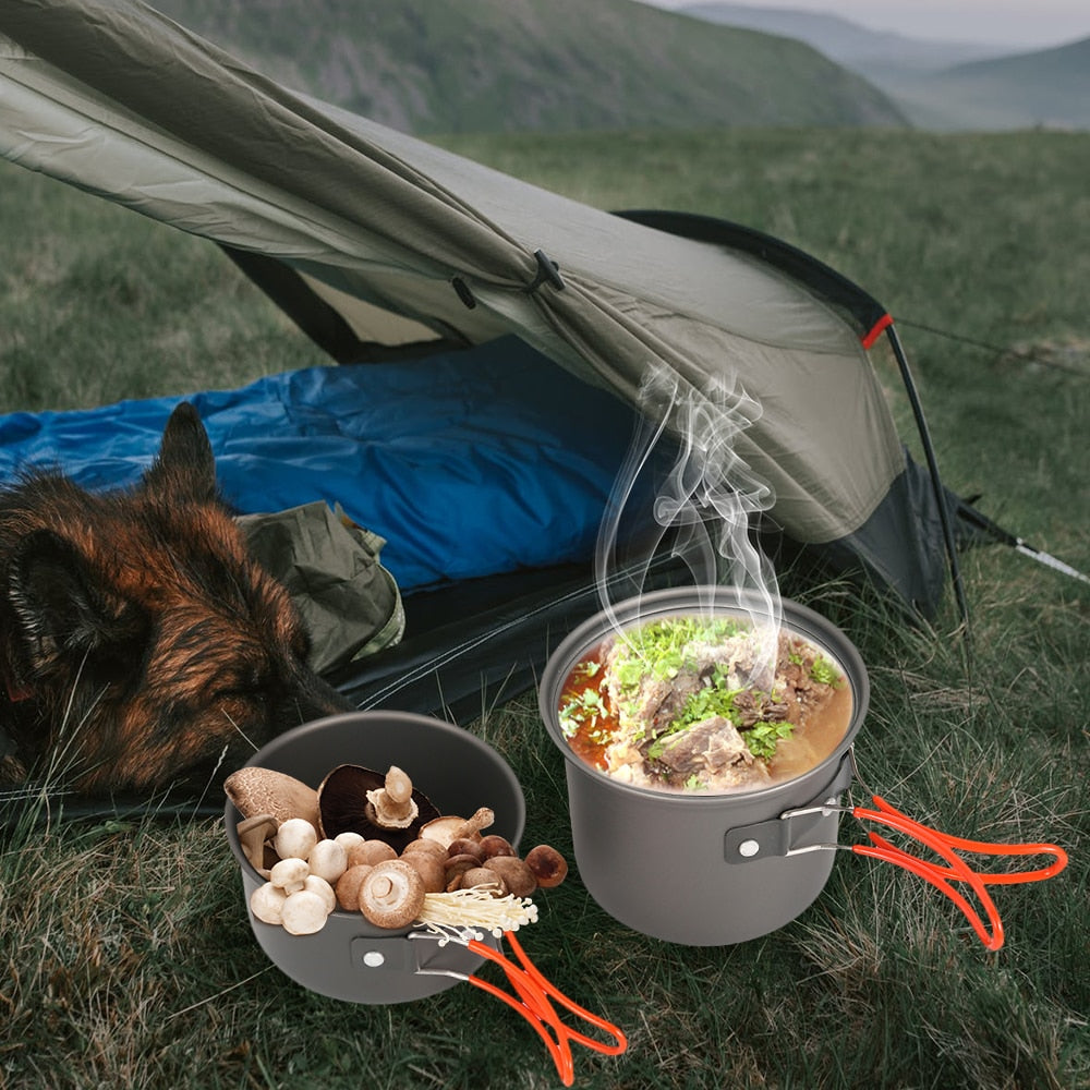 Outdoor Camping Cookware Set Marching Utensils Tableware Cooking Stove Kit Travel Pan Hiking Picnic Camping Tools for 1-2 Person